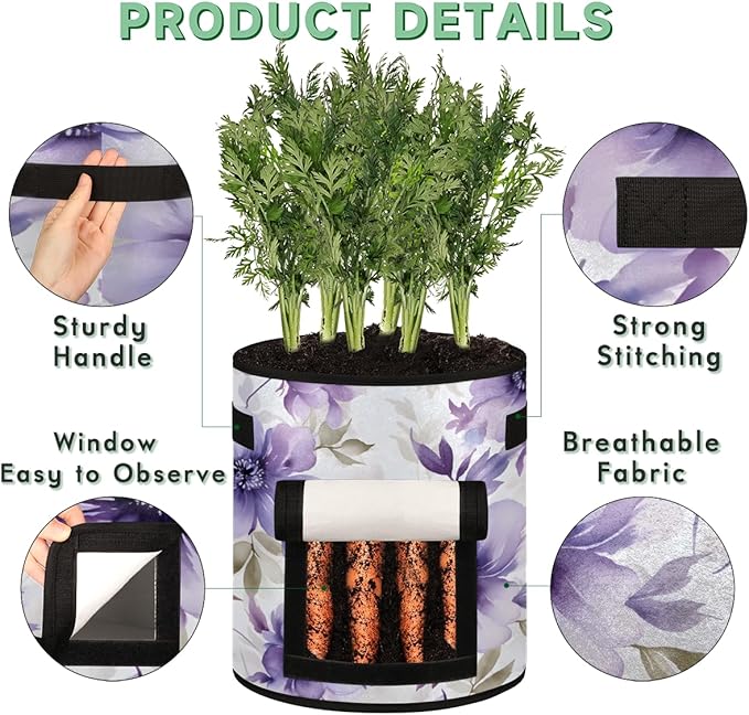 10 Gallon Potato Grow Bags Purple Watercolor Flowers Growing Bag with Handles Harvest Window Durable Garden Planting Bag Thickened Nonwoven Fabric Pots for Tomato Vegetable Fruits, 2 Pack