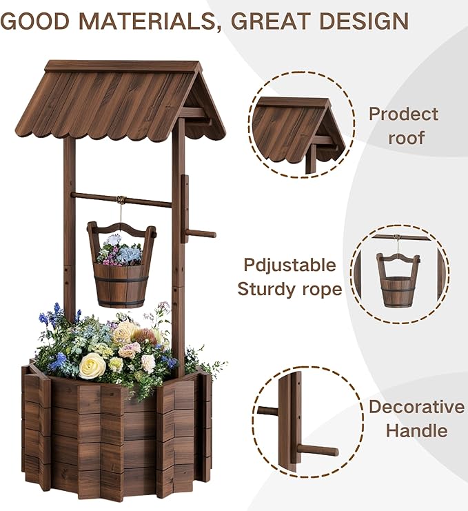 Wishing Wells for Outside,Wooden Wishing Well Planter,Rustic Flower Planter for Garden Patio Lawn Backyard Home Decor-21.7X21.7X47.25IN