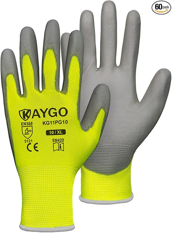 KAYGO Work Gloves for Men and Women,60 Pairs Seamless Knit PU Coated Safety Gloves, with Smooth Grip on Palm and Fingers, Ideal for Light Warehouse, Manufacturing, Gardening, KG11P (XL,Green)
