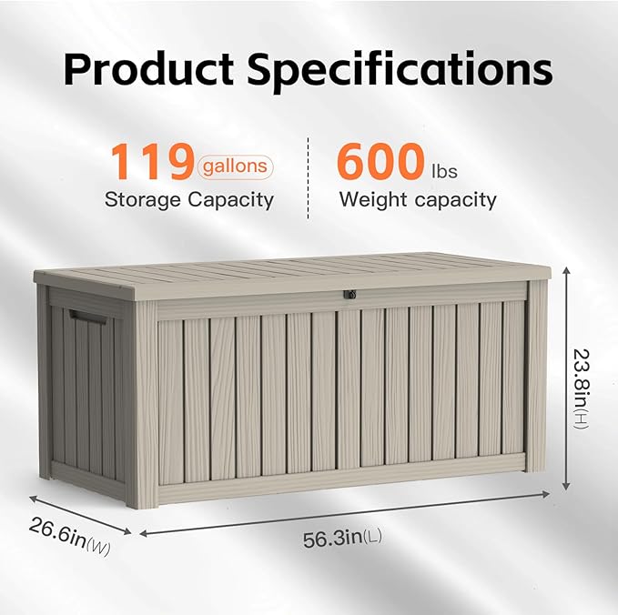 Mars Villa 120 Gallon Outdoor Storage Box, Resin Deck Box Waterproof for Patio Furniture Cushions, Pool Supplies, Gardening Tools, Weatherproof and UV Resistant, Greige