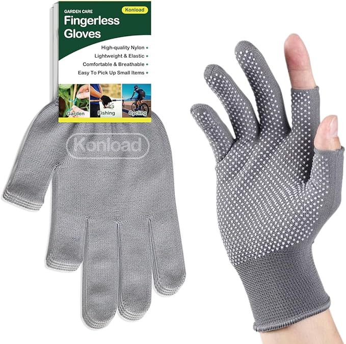 Open Finger Nylon Glove for Grafting/Budding/Bonsai. Lightweight 2 Half-Finger Slip Breathable Fingerless Garden Gloves for Garden Tools-2 Pairs