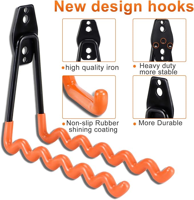 AOBEN 24PCS Garage Hooks, Heavy Duty Double Garage Hanger Organizer Wall Mount Iron Anti-Slip Garage Storage Hooks for Ladder, Power Tool,Bike,Ropes（23 Hooks & 1 hoder Strap-Orange