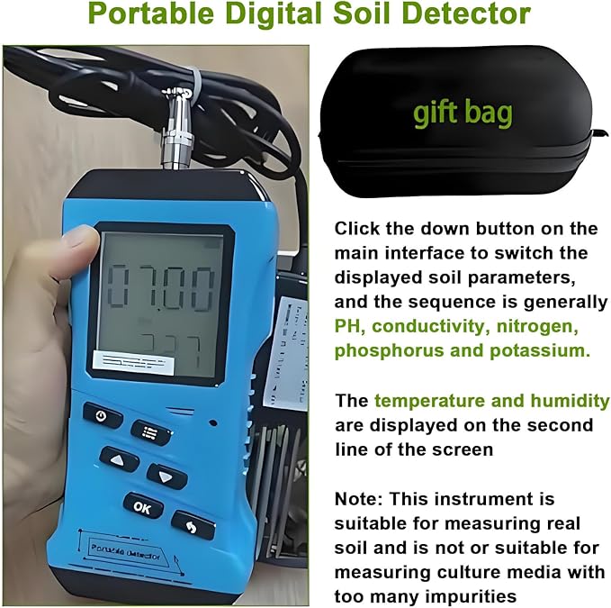 Soil Moisture NPK PH EC Meter Tester, Soil PH Meter for Garden, Digital PH Meter for Soil, No Reagents Required, Clear Under Low Light Conditions, Soil Fertility Test