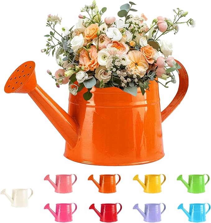 White Watering Can Metal, 1 Gallon Matte Galvanized Metal Watering Can, Vintage Sprinkling Tin Watering Can for Indoor Outdoor Plants, Flowers Garden Indoor Outdoor (Orange)