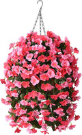 INQCMY Artificial Hanging Flowers Basket for Outdoors Spring Summer Decoration,Faux Silk Begonia in Planter Look Real UV Resistant for Outside Home Porch Patio Garden Balcony Yard Decor（Deep Pink）