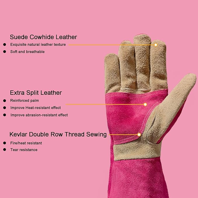 Welding Gloves for Men, Gardening Gloves Yard Work for Women, Long Sleeves Gloves for Rose Pruning, Thorn Proof, Fireproof and Heat Resistant (Rose Red, X-Small)