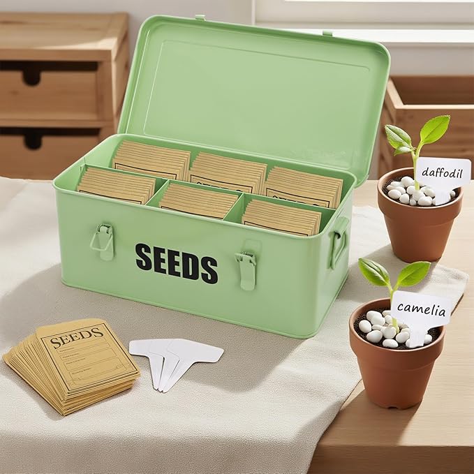 Seed Storage Organizer Box with 4 Compartments, Large Metal Seed Packet Container with Lid & Safety Locks, Garden Seed Bin for Saving Seeds with 50 Plant Labels, 20 Envelopes