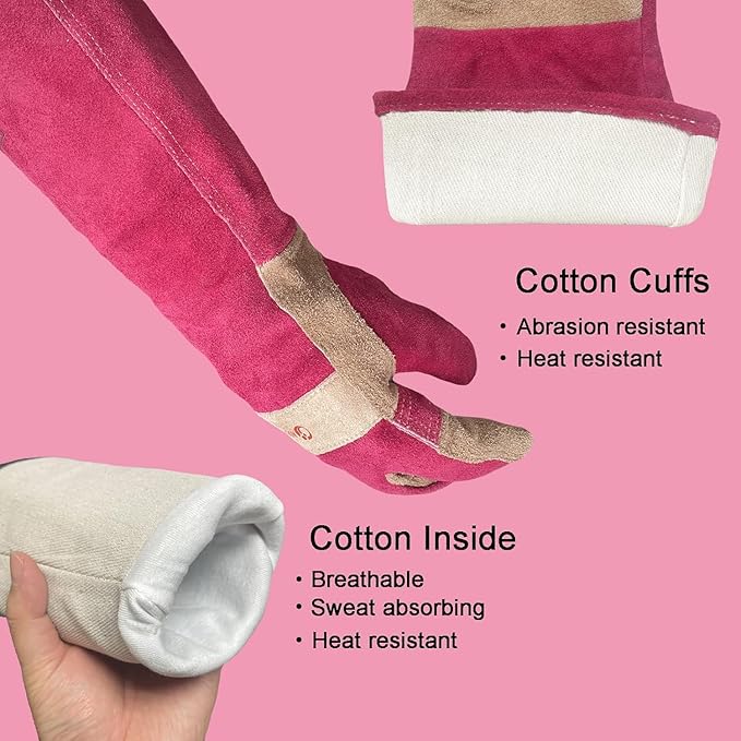 Welding Gloves for Men, Gardening Gloves Yard Work for Women, Long Sleeves Gloves for Rose Pruning, Thorn Proof, Fireproof and Heat Resistant (Rose Red, X-Small)