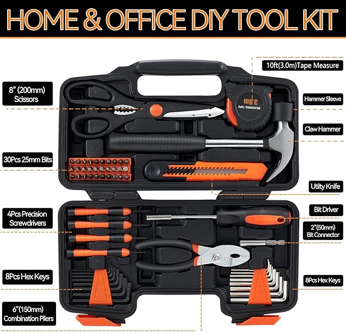 MARTCOLOR 58 Piece Household Tool Set, General Household Hand Tool Kit with Plastic Toolbox Storage Case, All Purpose Household Tool Kit for Home, Garage, Office and College Dormitory Use, Orange