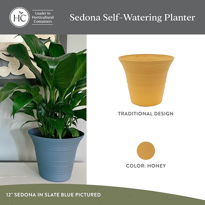 The HC Companies Sedona Round Self-Watering Pot - Lightweight Self Care Planter - Plastic Planter for Herbs & More - Durable Plant Pots for Indoor Plants & Outdoor Plants (14" Honey, Pack of 1)