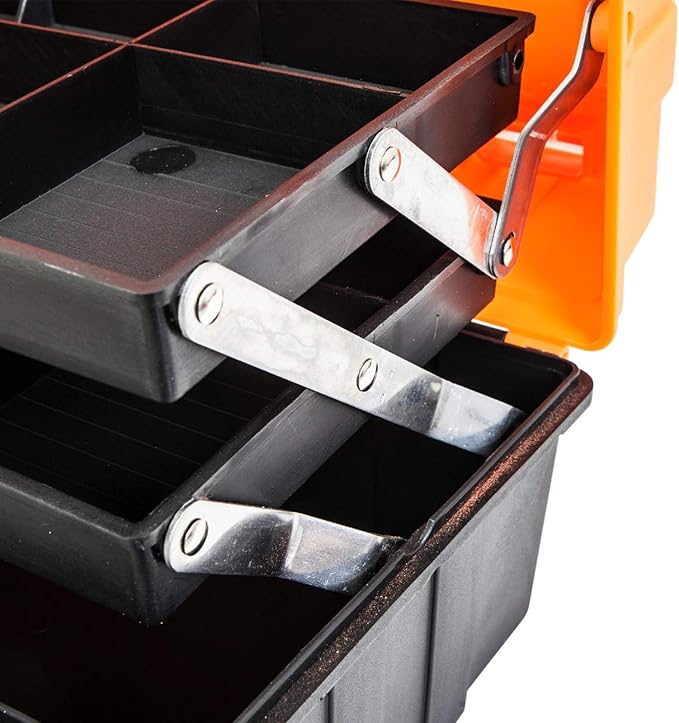 Jack Boss 17 Inch 3-Tier Portable Plastic Tool Box – Multi-Function Organizer, Black/Orange