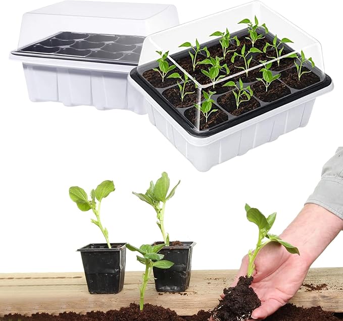 Seed Starter Tray, 12 Pack 144 Cells Thicken Seed Starter Kit Seed Starter with Humidity Dome Seed Starting Trays Plant Starter and Base Mini Greenhouse Germination Kit (White)