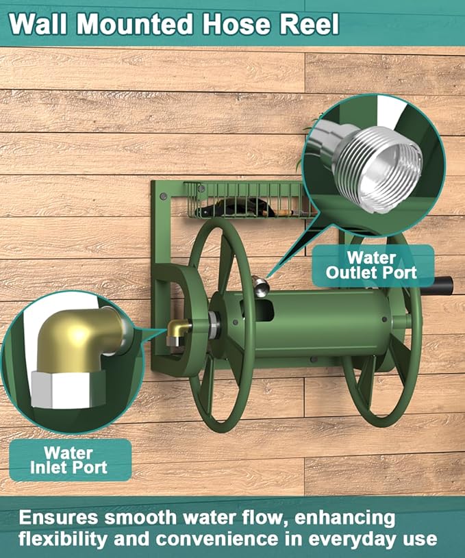 Garden Wall Mounted Hose Reel, Outdoor Heavy-Duty Water Hose Holder Winder, Holds 125 Feet of 5/8-Inch Hose, with 3.9 ft Leader Hose, Brass Fitting and Storage Basket for Yard, Green
