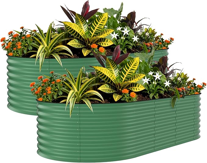 Garvee 2 Pack 8x4x2ft Galvanized Raised Garden Bed Kit, Oval Metal Planter Boxes with Anti-Cut Safety Edges, Rust-Resistant Deep Root Planters for Outdoor Vegetables, Flowers, Herbs, Green