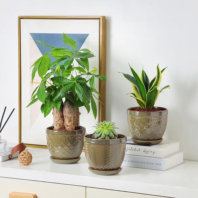 Sureasy Ceramic Indoor Plant Pots, 5.6 Inch Flower Pots for Plants with Drainage Hole and Saucer, Embossed Planter for Succulents, Orchid, Cactus, Indoor Home Decor, Set of 4, Green