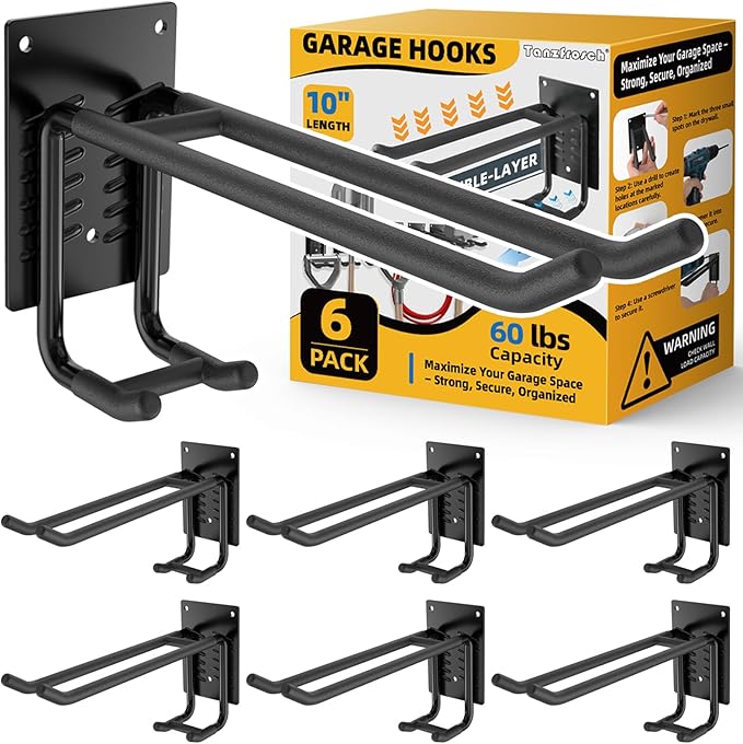 6 Pack Garage Hooks 10 INCH Heavy Duty Two-Tier Steel Shed Wall Mount Workshop Garage Storage Tool Organizer Hooks for Hanging Garden Tool, Hose, Ladder, Chairs, Bikes with Anti-Slip Coating