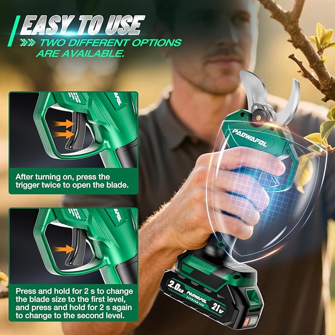 Electric Pruning Shears, 1.6 inch (41mm) Cutting Diameter Cordless Electric Scissors with LCD Display, 21V Brushless Motor Branch Cutter with 2 PCS Rechargeable 2000mAh Batteries & 2 Blades (Green)