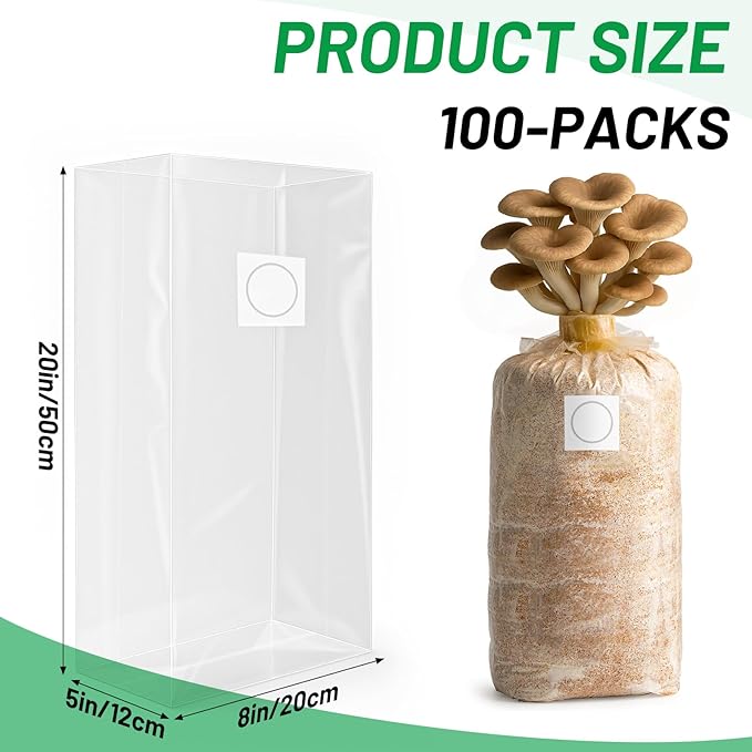 GREANER 6 Mil 100PCS Mushroom Bag, Large Size 8"x5"x20" Grain Spawn Bags for Bamboo、Fungus、Ganoderma、Mushrooms、Substrates、Grains