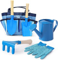 Kids Gardening Tools Set, Toddler Play Kit Child Outdoor Toy with Gloves, Watering Can, Metal Shovel, Rake, Spade & Storage Bag, Backyard Sand Digging Holiday Birthday Gift for Boy Girl 3 4 5 (Blue)