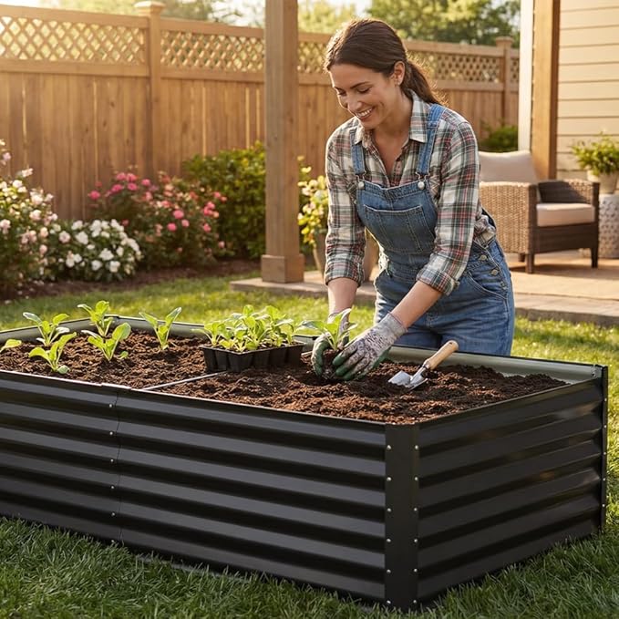 COMHOMA 2 Pack Raised Garden Bed 8x4x2ft,Galvanized Metal Planter Box Kit for Outdoor Gardening,Large Vegetable Flower Growing Beds with Gloves Tools,Black
