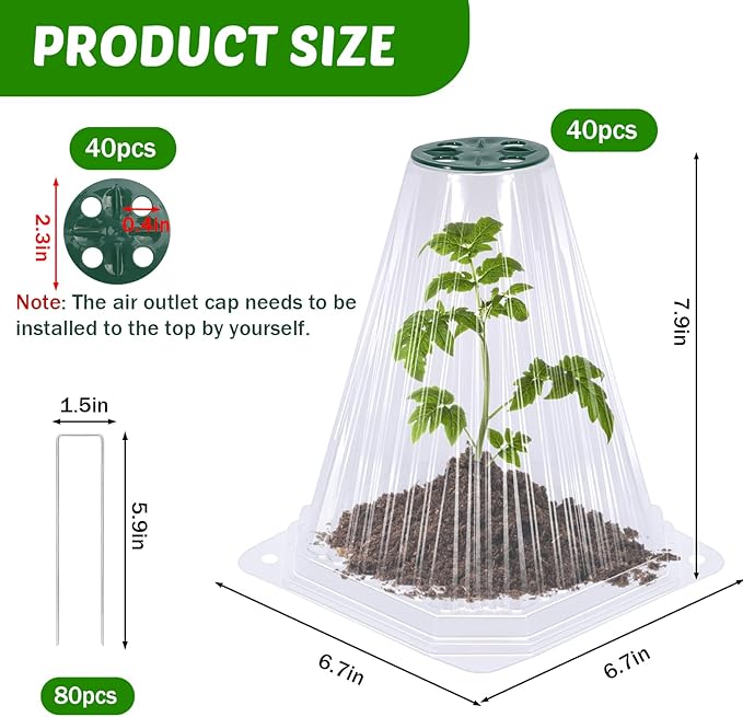 40 Pack Garden Cloches for Plants with 80PCS Ground Stakes,Clear Reusable Bell Covers with Rotatable Vent for Plant Protection,Garden Protector from Animals Birds Chicken,7.9" H X 6.7" D