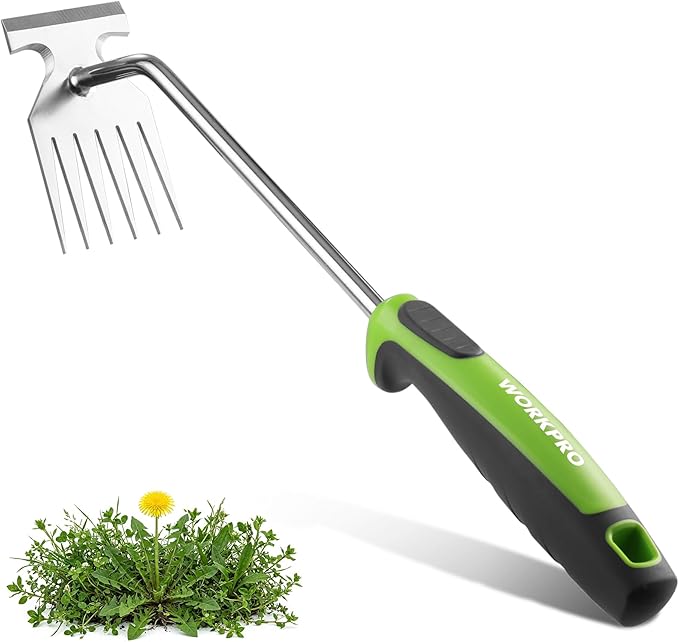WORKPRO 15-Inch Weed Puller Tool, 6-Tine Heavy Duty Deep Root Remover for Dandelion, Stainless Steel Hand Weeder with Ergonomic Soft Grip for Lawn, Garden, and Yard