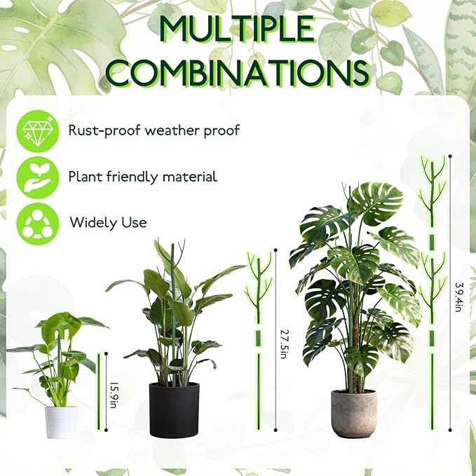 12 Pack Monstera Plant Support Stakes, 27.5 Inch Natural Looking Detachable Plant Stakes for Climbing Plants, Includes 16 Orchid Clips & 12 Twist Ties & 65ft Garden Tie Outdoor Indoor