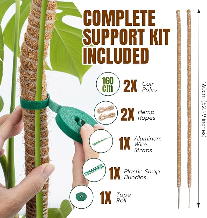 Mcbazel 2 Pack 63 Inch Bendable Moss Pole for Plants Monstera - Extra Tall 5.2ft Coco Coir Plant Support Stakes for Large Indoor Climbing Vines - Flexible Totem Stick Kit with Rope, Wire & Ties