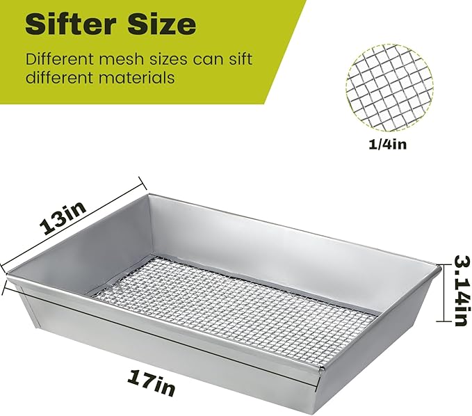 17" x 13" Galvanized Steel Compost Sifter, 1/4 Inch Mesh Soil Sifter Pan for Gardening, Large Heavy Duty Soil Sieve for Sifting Rocks, Compost, Soil and Seed Starting