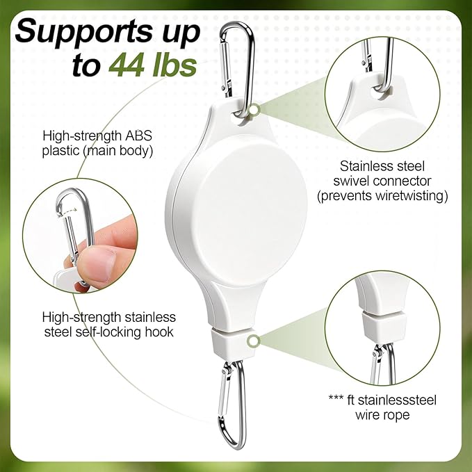 Retractable Plant Hanger with Pulley System, Effortless Raising and Lowering for Indoor and Outdoor Plants, Hanging Planters, Garden Pots & Bird Feeders (4-Pack,White)