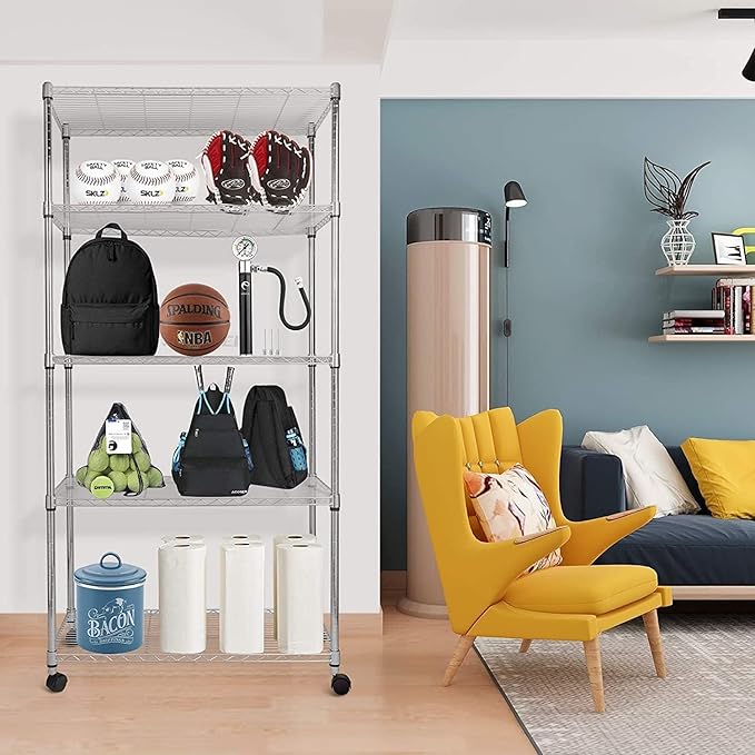 Simple Deluxe Heavy Duty 5-Tier Shelving Unit, 13.98''D x 35.83''W x 61.02''H Storage Shelving with 1250 lbs Capacity, Chrome