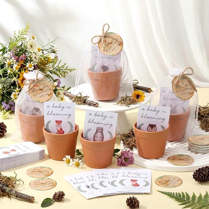 Ctosree 50 Sets Woodland Baby Shower Favors for Guests Baby Is Blooming Themed Seed Packets Include Self Adhesive Seed Packets Flowerpot Thank You Tags Organza Bags for Woodland Animal Party Favors