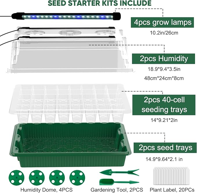 Seed Starter Tray with Grow Light, 2 Packs 80 Cells Seedling Starter Trays with Humidity Domes, Seed Germination Kit Adjustable Light Seed Starting Trays.
