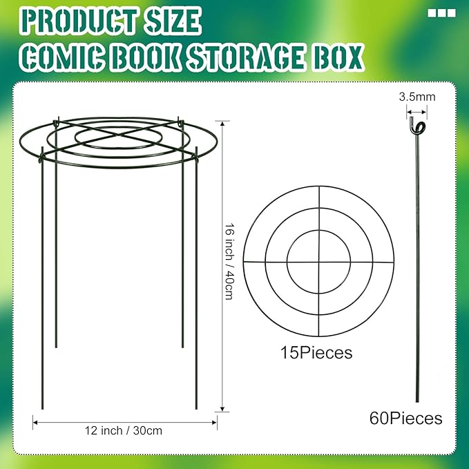 Geelin 15 Pack Peony Cages Bulk 12'' Dx 16'' H Peony Cages and Supports Heavy Duty Metal Plants Grow Through Support Rings Hoops for Outdoor Plants Flower Strawberry Tomato Strawberry(Green)