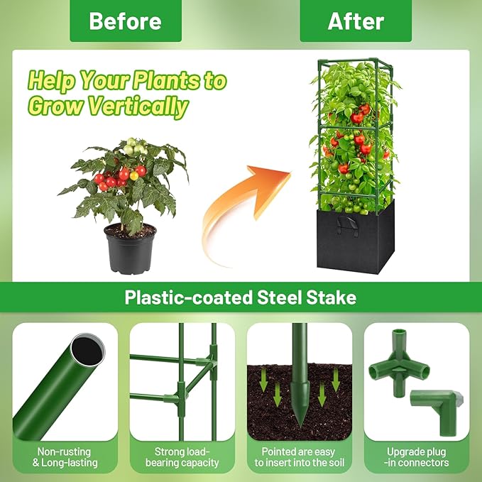 Legigo 4 Pack Tomato Cages with 17 Gallon Grow Bags- 47 Inch Square Tomato Cages for Garden, Heavy-Duty Tomato Stakes Plant Support Cages Trellis for Garden Vertical Climbing Plants Vegetables