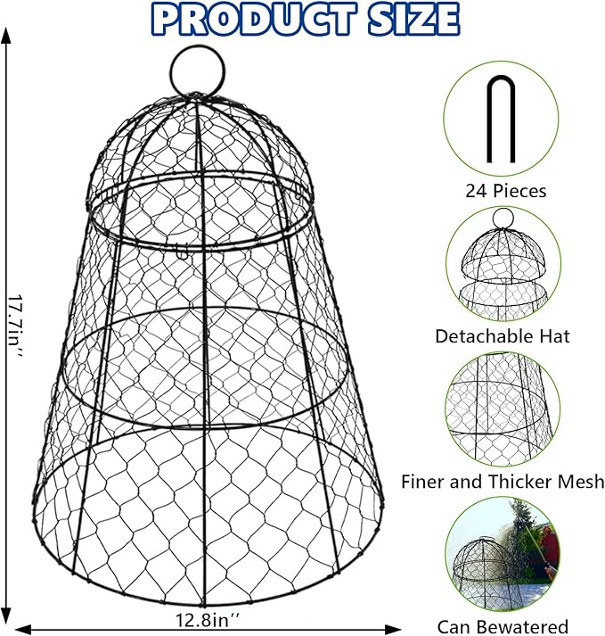 Garden Cloches for Plants - Set of 12 Chicken Wire Plant Cages and Plant Protectors from Animals, 17.7" H x 12.8" D, Outdoor Vegetable and Flower Cages, Sapbontchi Chicken Wire Cloche (12)