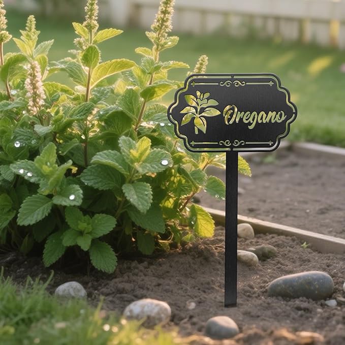 CUTHOLLOW Metal Plant Marker Stake Oregano for Outdoor Indoor, Waterproof 11.8 inch Cute Garden Plant Labels Sign Tag for Herb, Farmhouse Greenhouse Decor - Funny Gardening Gifts