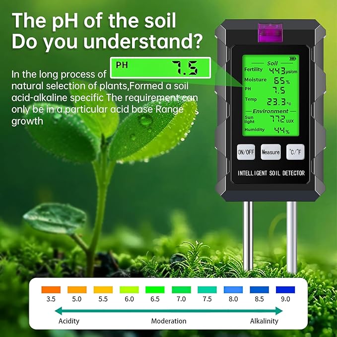 Soil Tester for 2026, 6-in-1 Soil Meter with Dual Probe, Testing Moisture/pH/Temp/Sunlight/Air Humidity/Fertility, Perfect for Farming, Gardening, Lawns, Outdoor (2*AAA Battery Needed) -NEW Patent