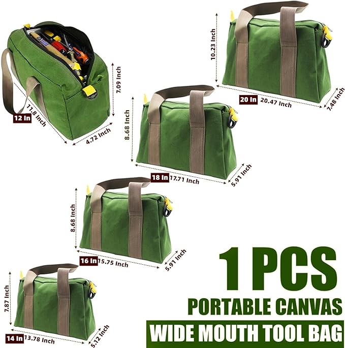BLIRITEL 14 Inch Wide Mouth Tool Bag, Heavy Duty Canvas Tool Storage Bag, Large Capacity Handbag, Multi-function Tool Organizer Tote Bag for Storage Wrenches Pliers (Green, 14 Inch)