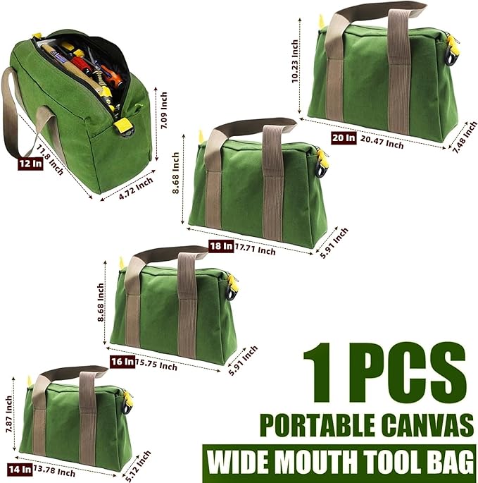BLIRITEL 18 Inch Wide Mouth Tool Bag, Heavy Duty Canvas Tool Storage Bag, Large Capacity Handbag, Multi-function Tool Organizer Tote Bag for Storage Wrenches Pliers (Green, 18 Inch)