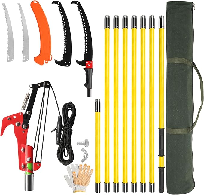 VINGLI 26FT Manual Pole Saw for Tree Trimming, Extendable Tree Pruner, Sharp Steel Blade and Scissors, High Tree Branch Cutter with Lightweight 8 Fiberglass Long Handles, for Pruning Palms and Shrubs