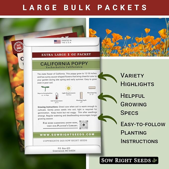 Sow Right Seeds - California Poppy Seeds for Planting - 1 Ounce, 21,000 Seeds - Non-GMO Heirloom Jumbo Pack with Instructions to Grow a Beautiful Flower Garden - Grow an Abundance of Orange Blooms
