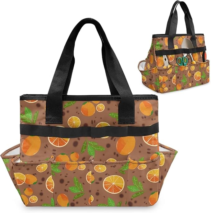 Brown Lemon Garden Tool Bag Portable Gardening Tool Organizer Bag with 10 Pockets and Handle Tool Carrier and Storage for Garden Lawn Yard Casual Camp