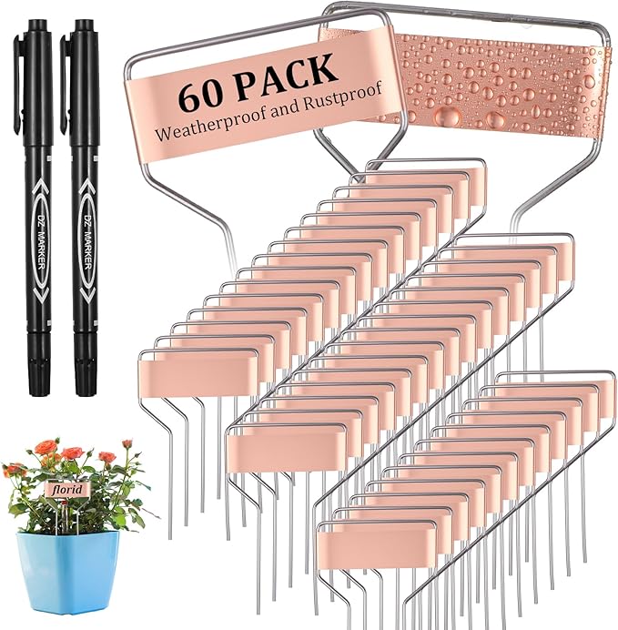 60 Pcs Metal Garden Tags Plant Labels for Garden Waterproof Plant Markers with 2 Permanent Pen Planting Nursery Tags Reusable Labels Stake for Plants (Copper Color,4 Inch)