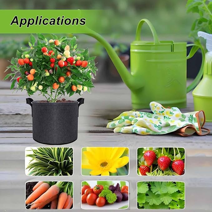 3 Gallon Grow Bags Set of 5,Thickened 300G Non-Woven Fabric Pots for Plants Outdoor - Reinforced Handles, Tear-Resistant Planter Pots Black Pot for Vegetables, Flowers, Gardening Supplies