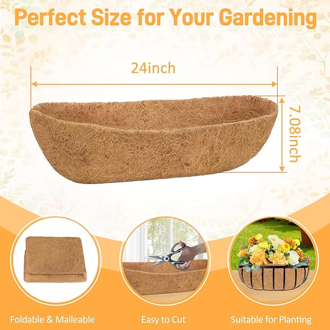 4 Pack 24 Inch Trough Coconut Liners for Planters- Natural Coco Liner Window Box Liners Replacement, Coconut Fiber Planter Liner for Outdoor Flower Planters, Deck Railings, Fence and Balcony