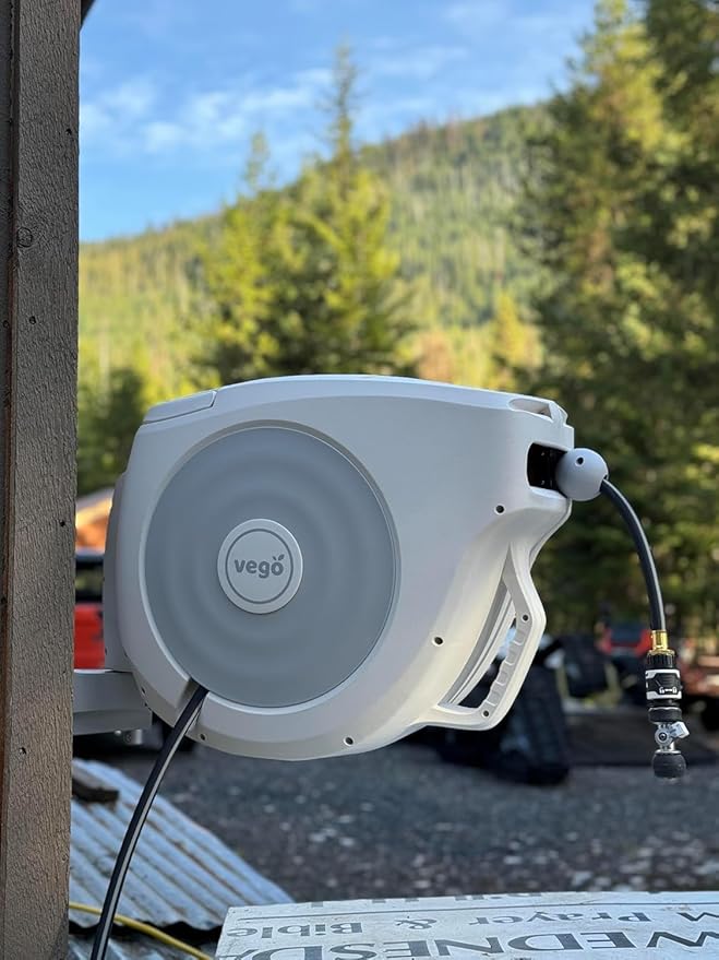 Vego Garden Hose Reel Retractable 1/2" x 100ft Wall Mounted Hose Reel Automatic Rewind, Any Length Lock with 9 Patterns Sprayer Nozzle, Quick Connector and Adjustable shot Nozzle