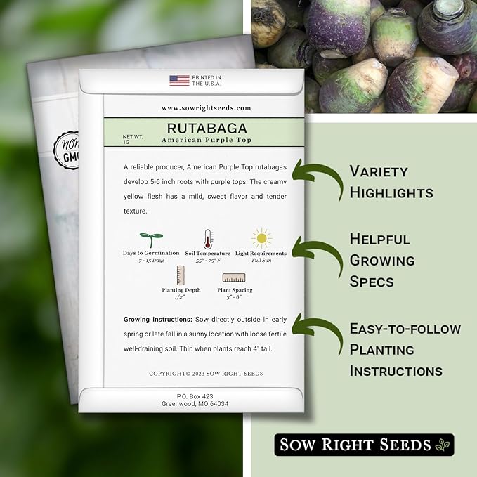 Sow Right Seeds - American Purple Top Rutabaga Seeds for Planting - Non-GMO Heirloom Packet with Instructions to Grow an Outdoor Home Vegetable Garden - Yellow Flesh Rutabaga - Sweet Root Crop (2)