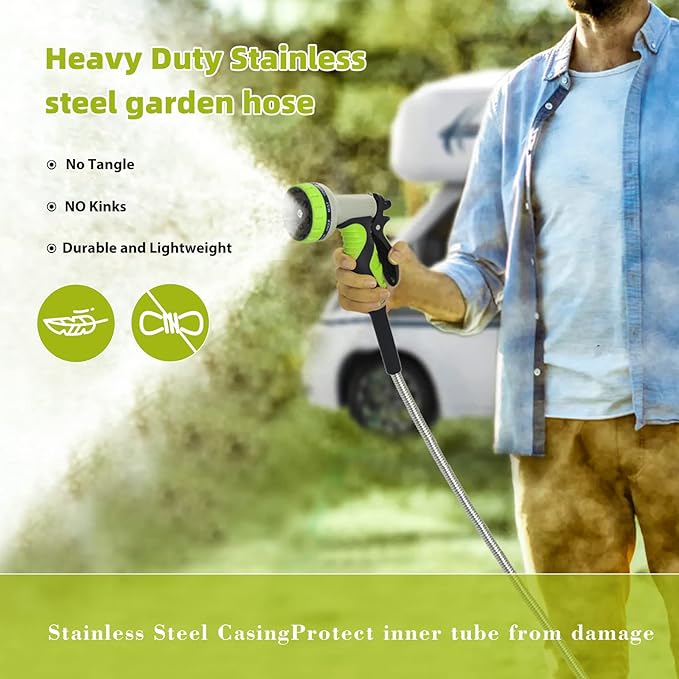 15FT Hose, 304 Stainless Steel Garden Hose Metal, Heavy Duty Water Pipe with Nozzles for Yard, Outdoor，Never Kink & Tangle
