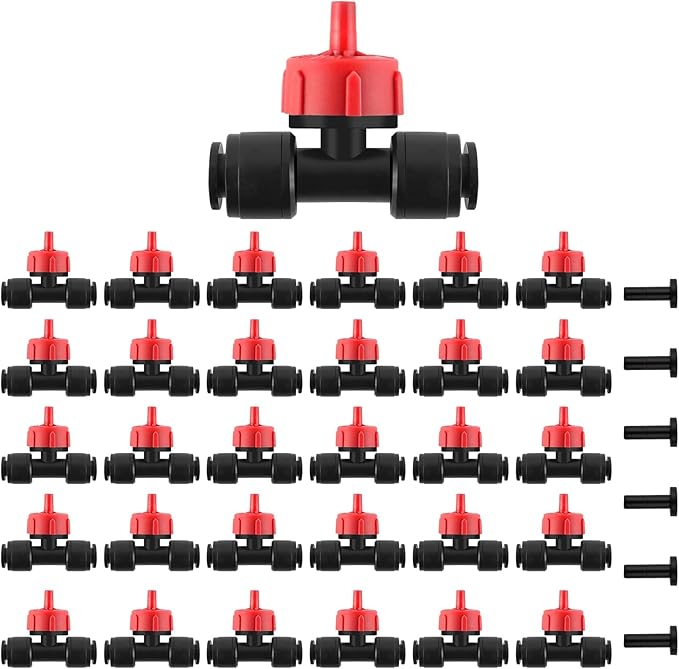 Kalolary 30Pcs Push-to-Fit Drip Irrigation Emitters 1 GPH Pressure Compensating Drippers with Constant Water Flow Drip Irrigation System Parts for 1/4 Inch Irrigation Tubing with 6PCS End Plugs (Red)